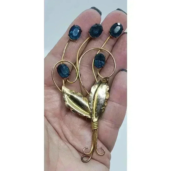 Vtg Brooch 12k Gold plate 925 Sterling Silver Blue Rhinestone Flower - Picture 9 of 9